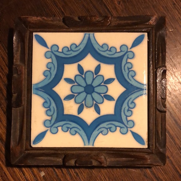 Kitchen Vtg Wood Frame Ceramic Tile Trivet Baby Light Blue Circa 8s Retro Mod Decor Poshmark